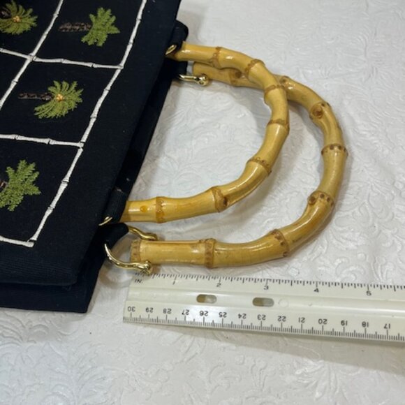 Black Tianni Handbag Embroidered Beaded Palm Trees Bamboo Handles 9"x4"x7.5" - Picture 14 of 14